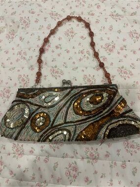 Beaded Sequin Evening Clutch in Gold and Brown Tones
